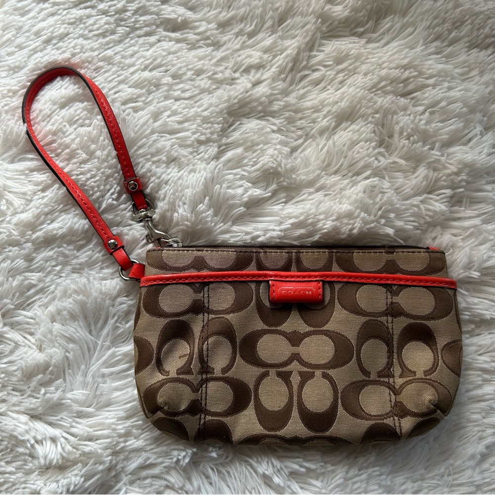 Coach Tan and Red Signature Wristlet